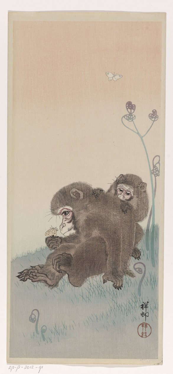 To aper med en sommerfugl, ca. 1900-45 (fargetresnitt) av Ohara Koson
