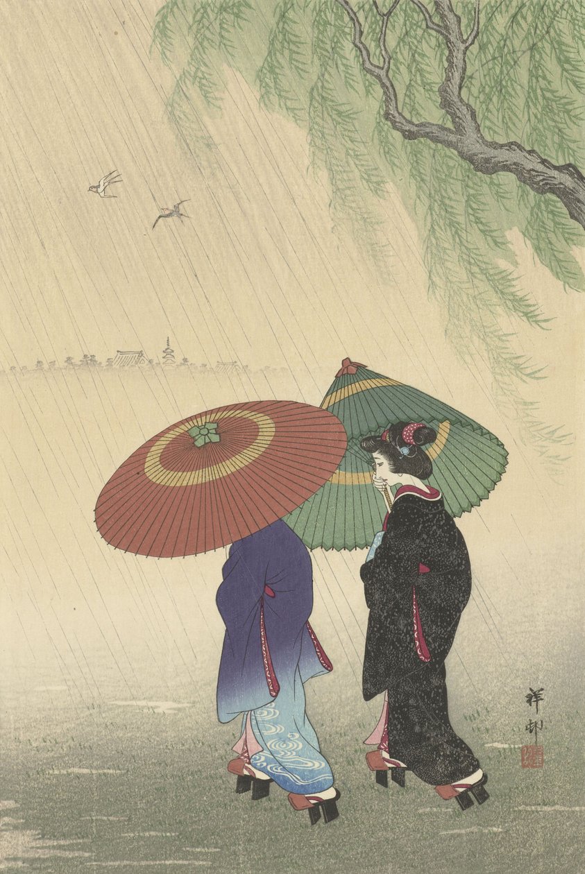 To kvinner i regnet, 1925-36 (fargetresnitt) av Ohara Koson