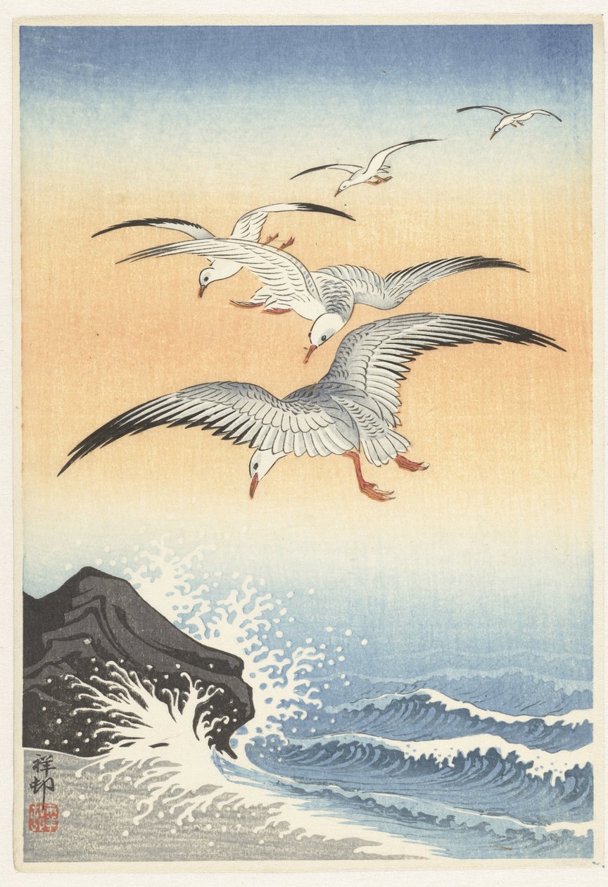 Fem måker over turbulent hav av Ohara Koson