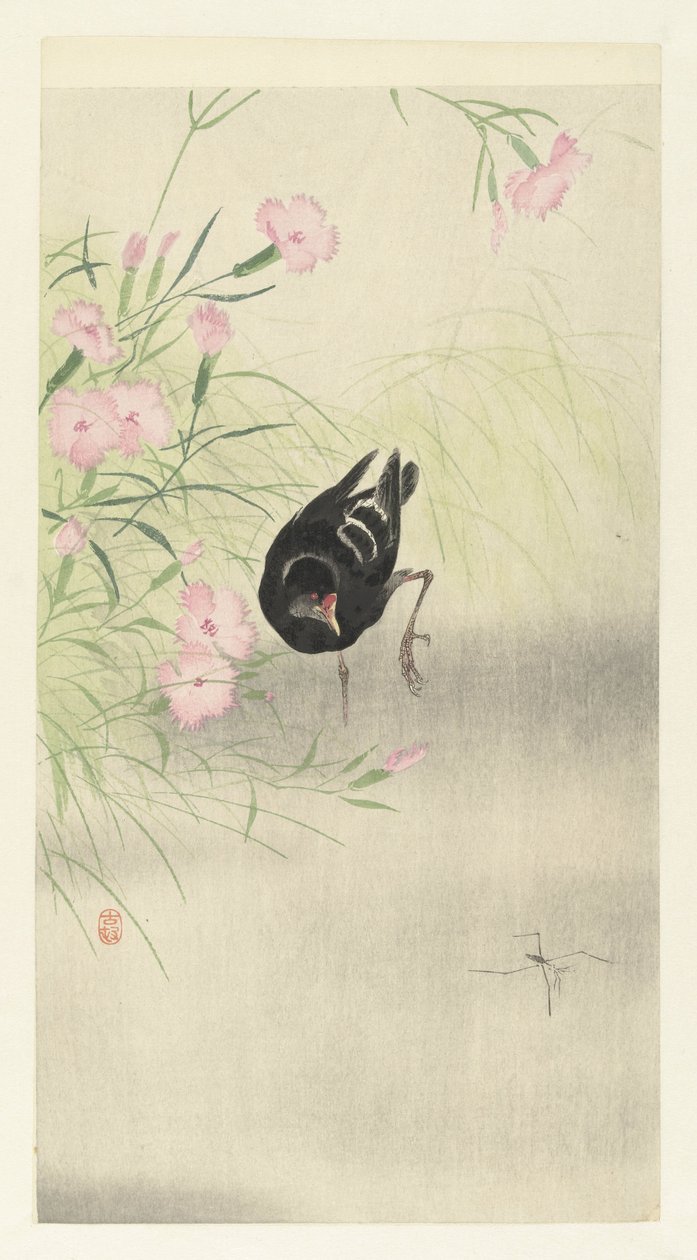 Myrhøne ved blomstrende plante av Ohara Koson