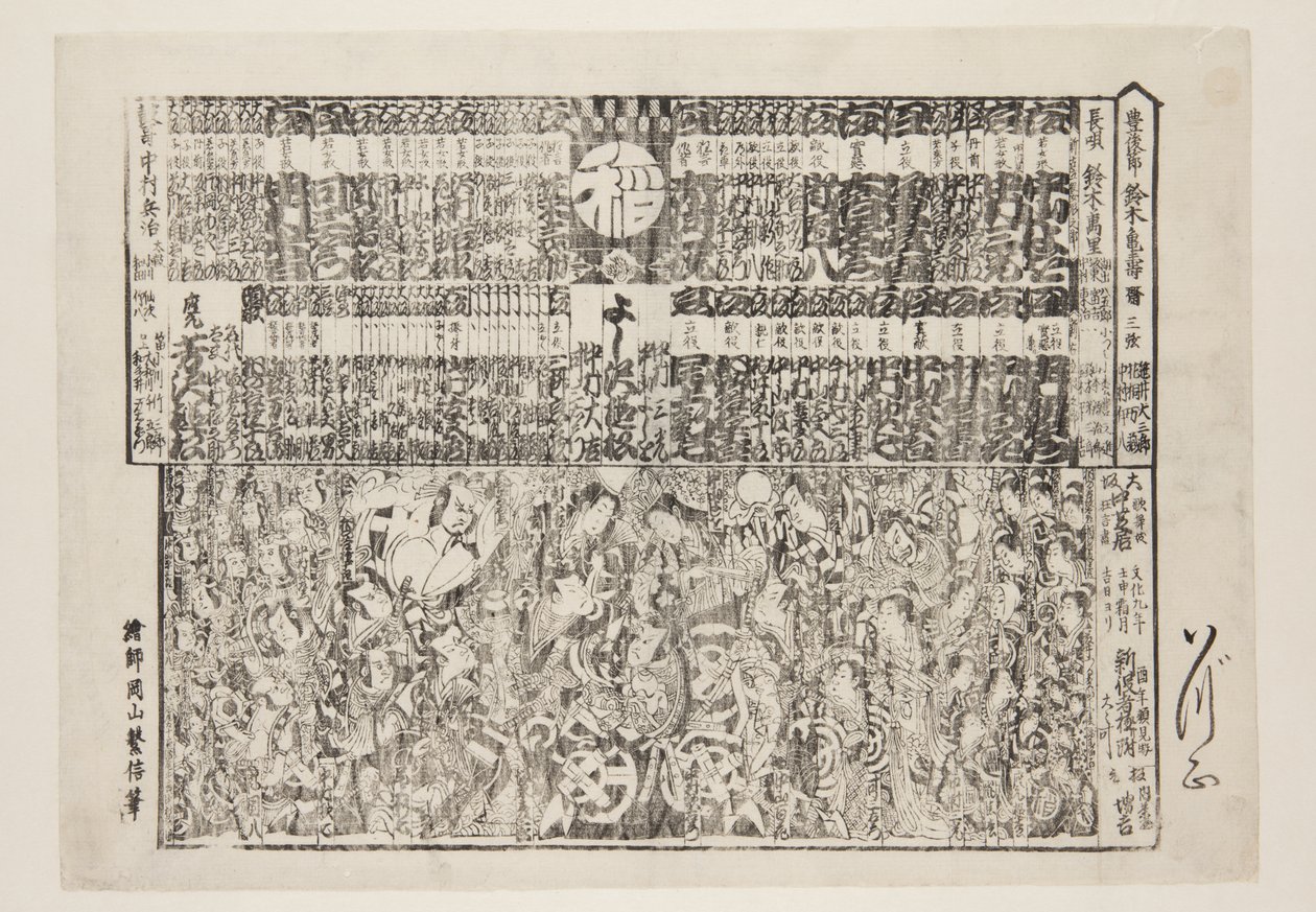 Playbill for sesongåpningsprogram (Kaomise banzuke) (farget treblokktrykk) av Okayama Shigenobu