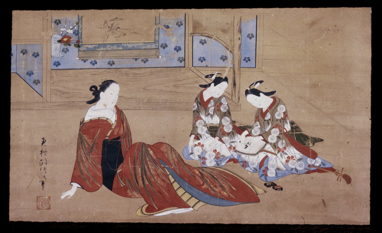 Nikuhitsu ukiyo-e: Courtesan and Two Attendants, ca. 1735 (blekk, farge og gofun på papir) av Okumura Masanobu