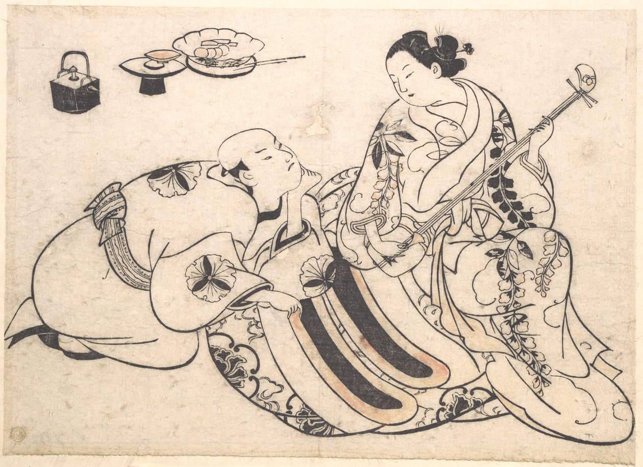 En knelende mann som bøyer seg framover og lytter til en oiran som spiller shamisen av Okumura Masanobu