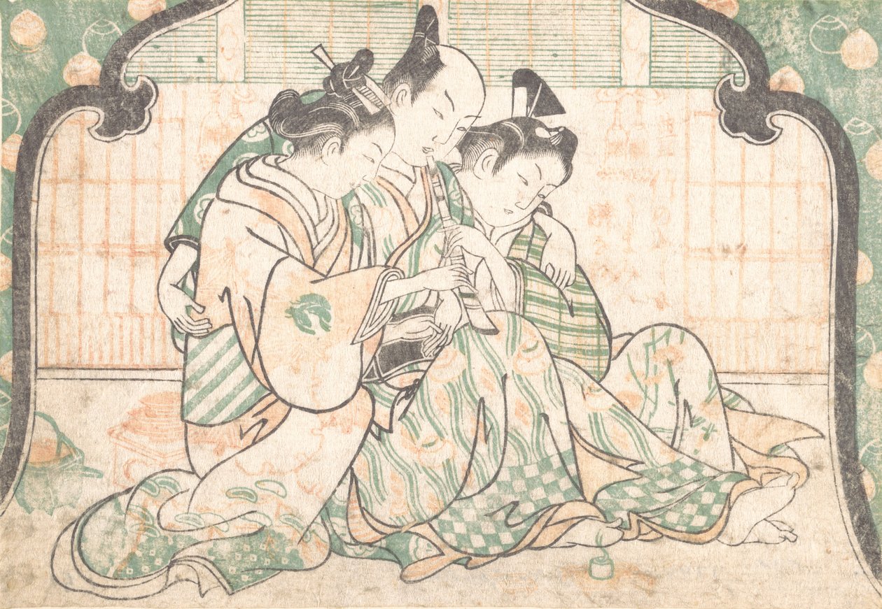 En ung mann som sitter mellom to kvinner, ca. 1749., ca. 1749. av Okumura Masanobu
