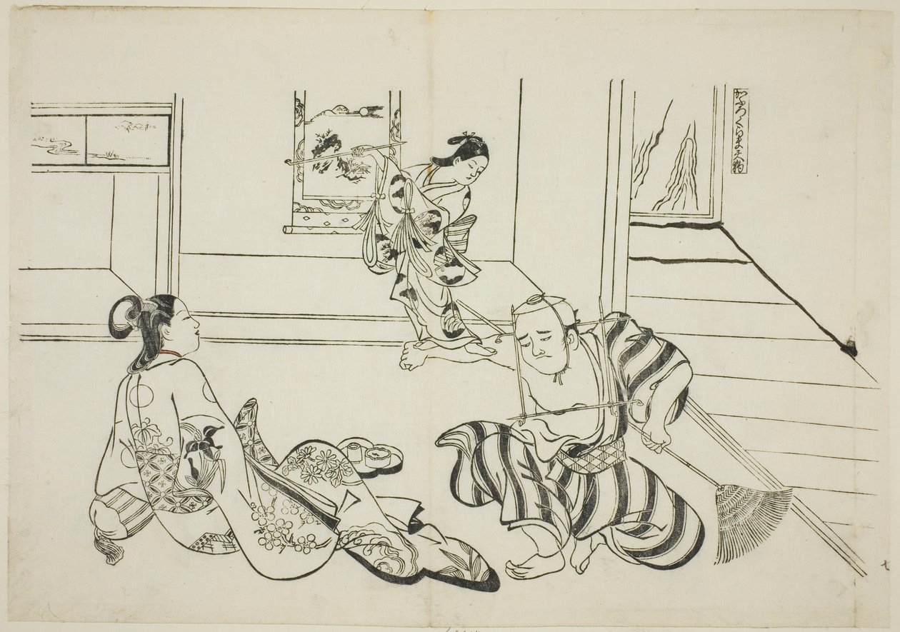 Barnevakt og skallet Tengu fra Kurama-fjellet (Kaburo Kurama Tengu), nr. 7 fra en serie på 12 trykk som viser parodier på skuespill av Okumura Masanobu