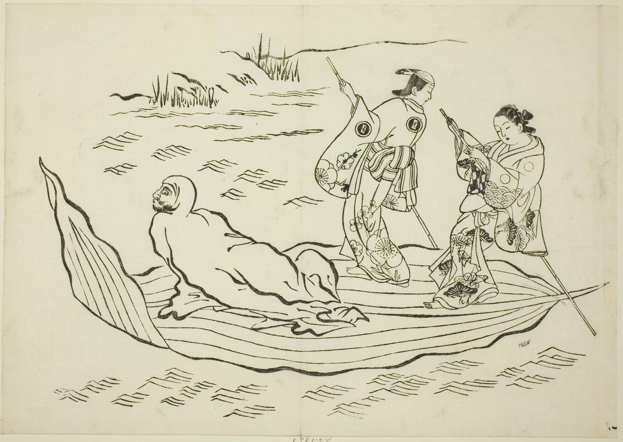 Daruma krysser havet på et blad, nei. 7 fra en serie på 12 trykk av Okumura Masanobu