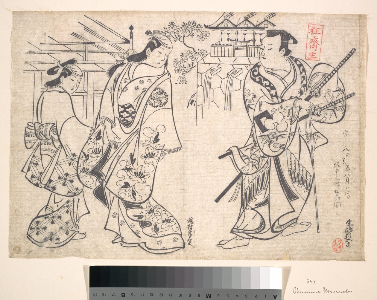 Ikushima Shingoro som Bushi (samurai) og Ogino Yaegiri som kvinne med en ung ledsager av Okumura Masanobu