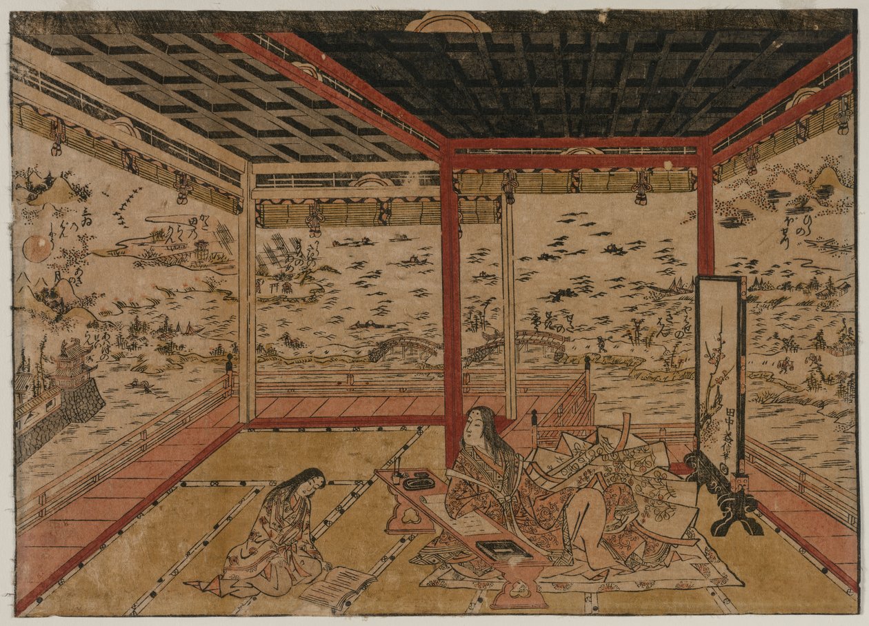 Lady Murasaki ved Ishiyama med utsikt over et panorama med syv utsikter over innsjøen Biwa, 1740-tallet. av Okumura Masanobu