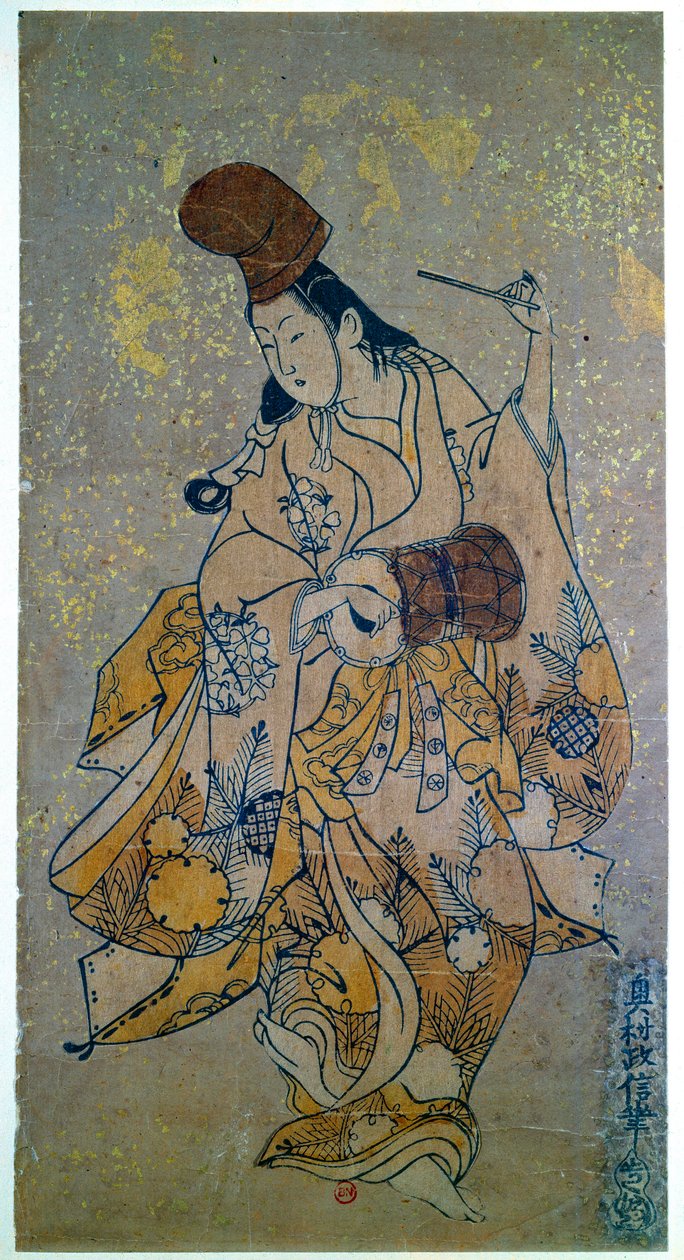 Musiker. Kvinne spiller tromme. Japansk trykk av Okumura Masanobu (1686–1764) av Okumura Masanobu