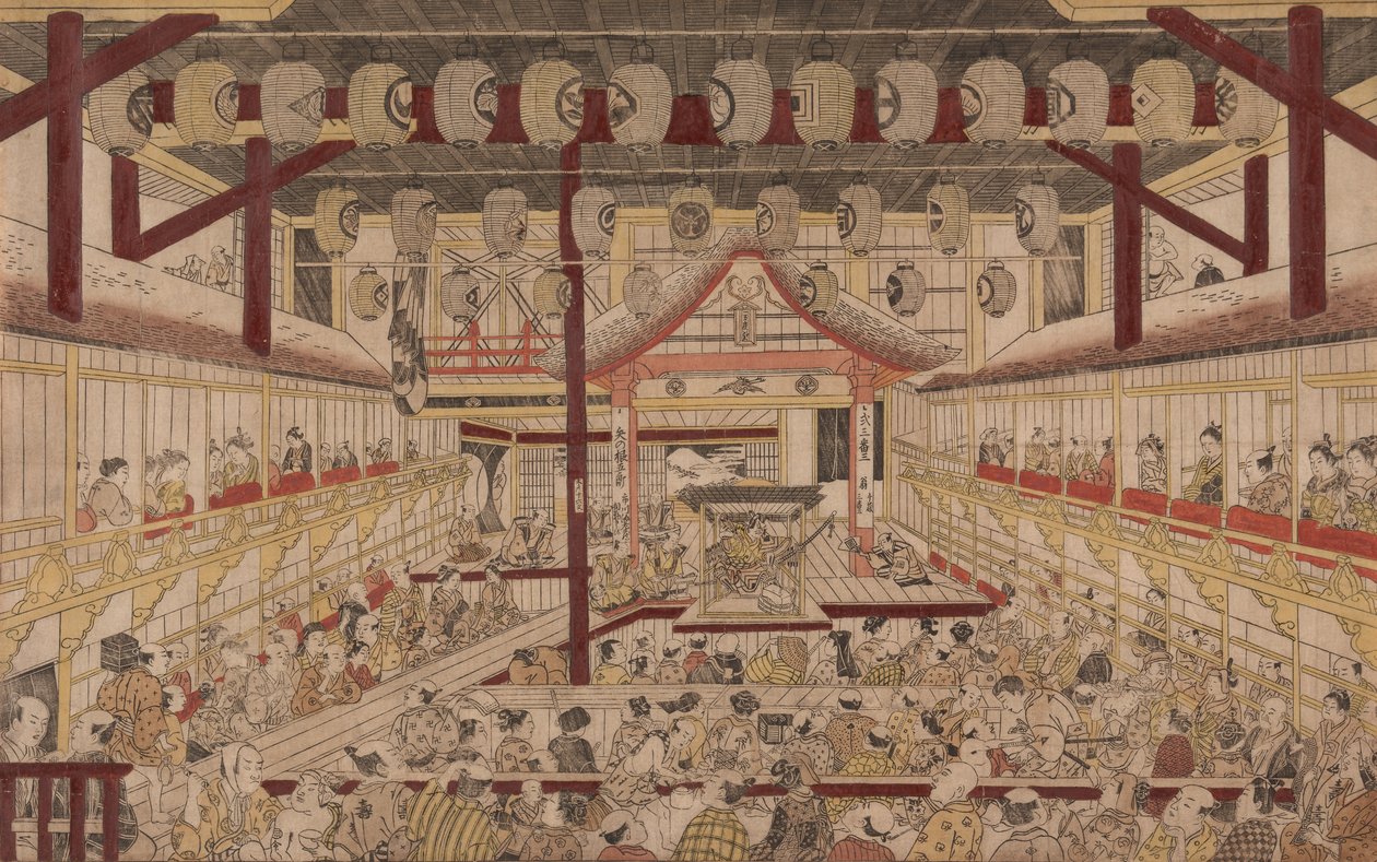 Perspektiv utsikt over det indre av Nakamura-teatret med Ichikawa Ebizo II som Yanone Goro, 1740 av Okumura Masanobu