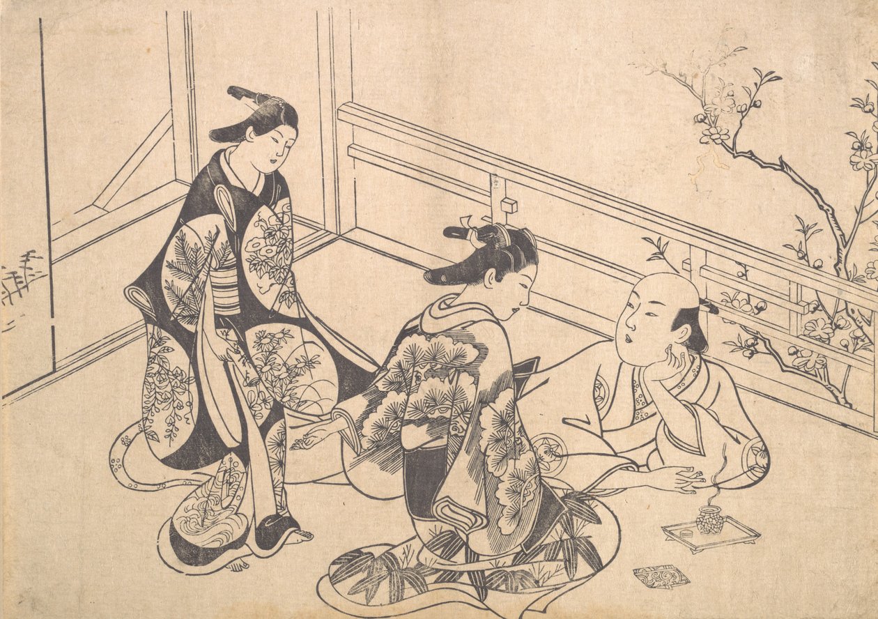 Skuespilleren Ichimura Takenojo liggende på en balkong, ca. 1715., ca. 1715. av Okumura Masanobu