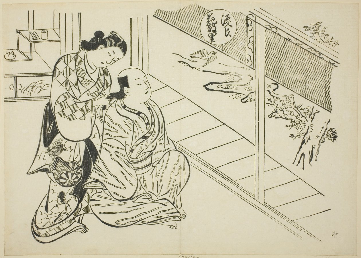 The Hanachirusato Chapter fra "The Tale of Genji" (Genji Hanachirusato), fra en serie Genji-parodier av Okumura Masanobu