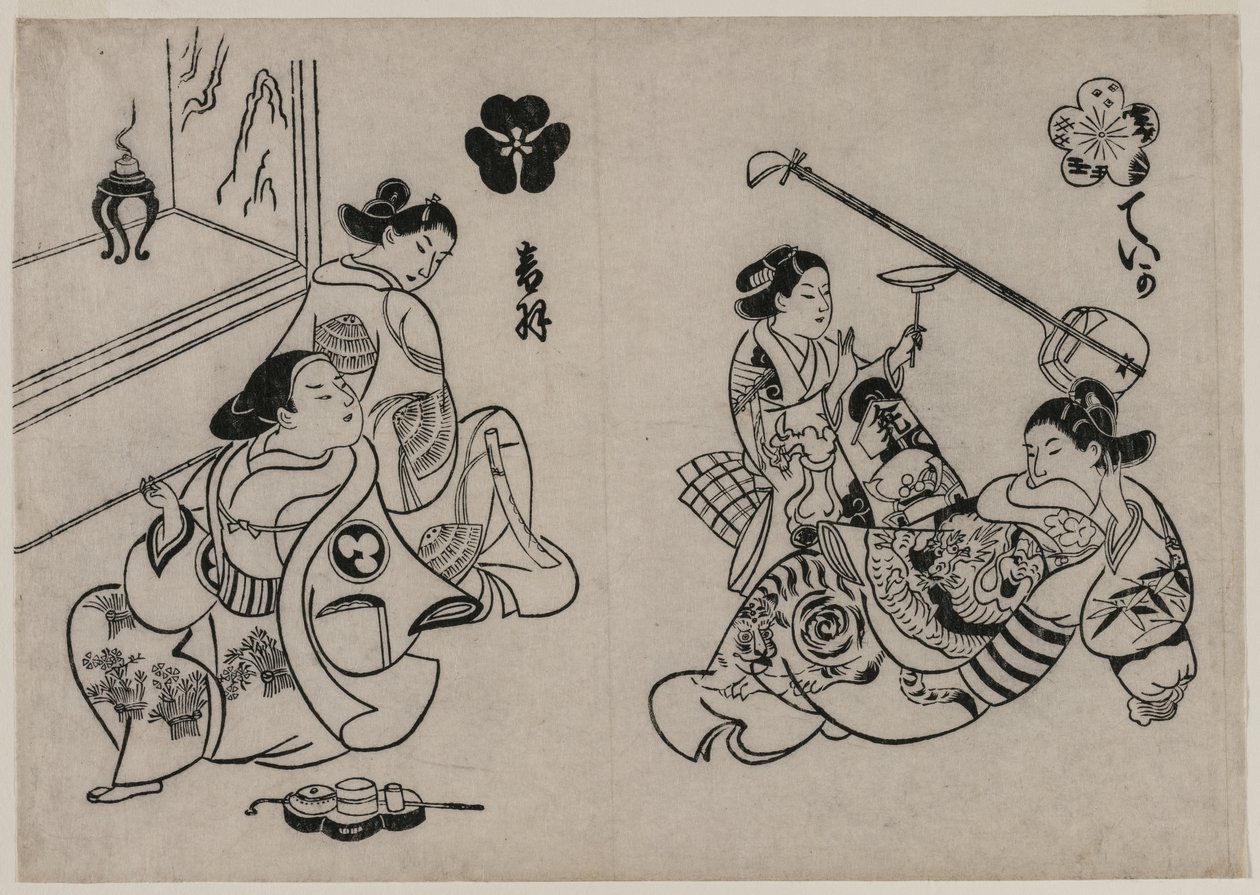 Tre kurtisaner med en klient. av Okumura Masanobu