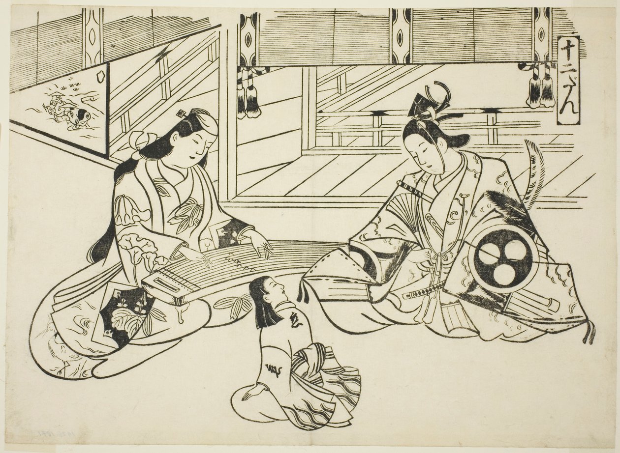 Yoshitsune (Ushiwaka) og prinsesse Joruri, fra serien "Famous Scenes from Japanese Puppet Plays (Yamato irotake)" av Okumura Masanobu