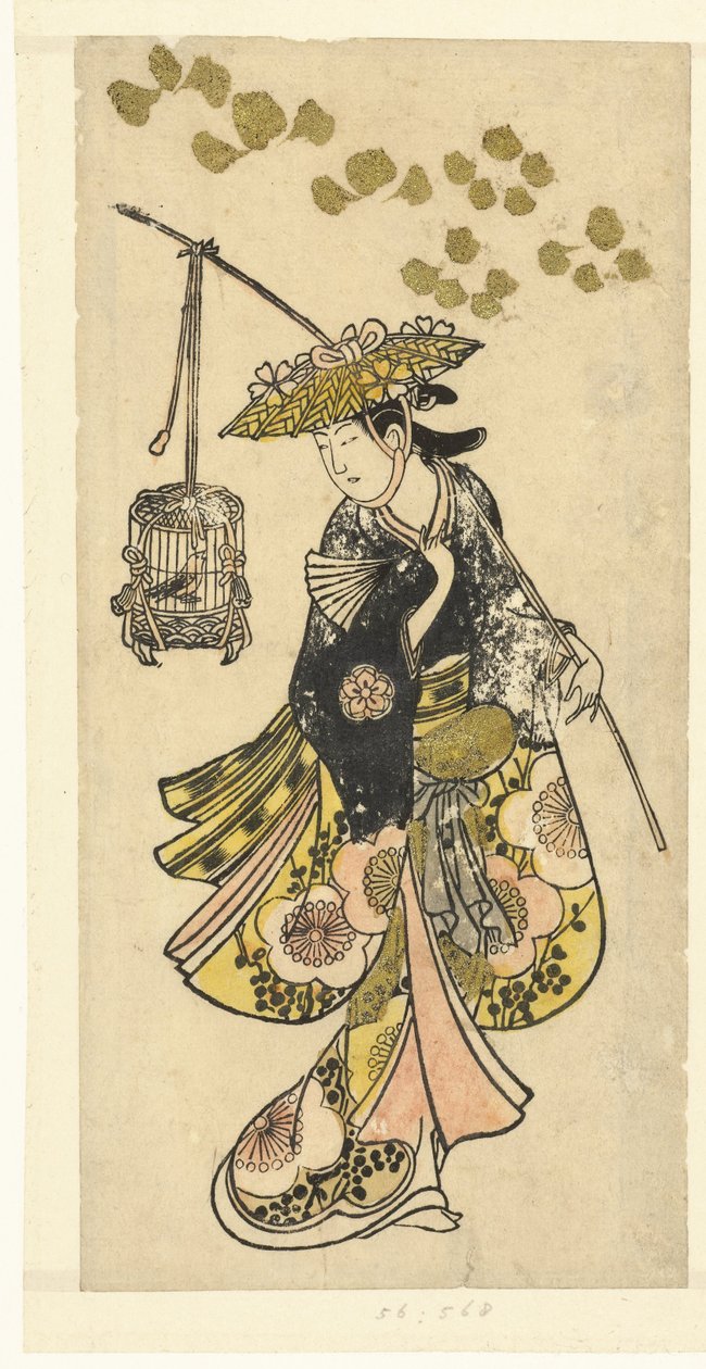 Ung kvinne med fuglebur av Okumura Toshinobu (attributed to)