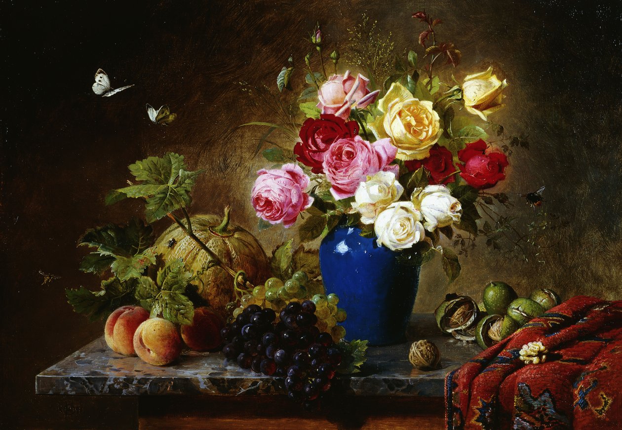 Roser i en vase, fersken, nøtter og en melon på en marmorert hylle, 1891 av Olaf August Hermansen