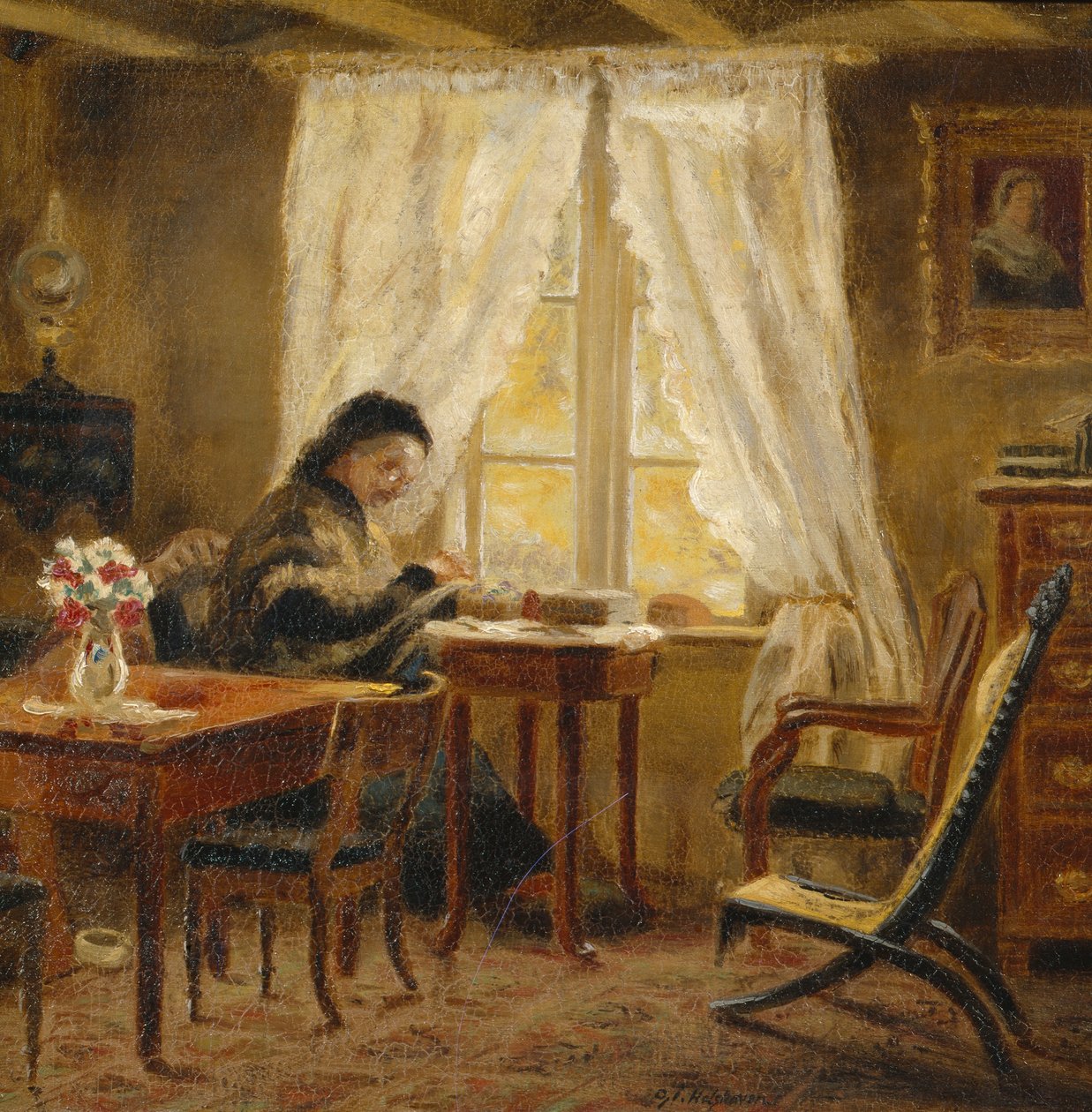 Kunstnerens mor i stua, Holskogen (olje på lerret) av Olaf Isaachsen