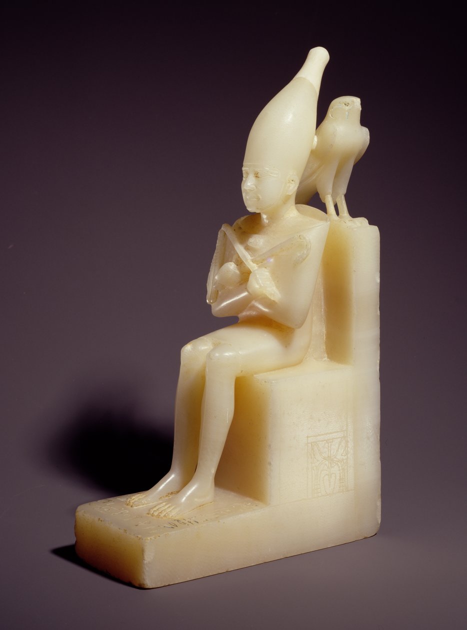 Liten sittende statuett av Pepi I (2289-2255 f.Kr.) med Horus Falcon (alabast) av Old Kingdom Egyptian