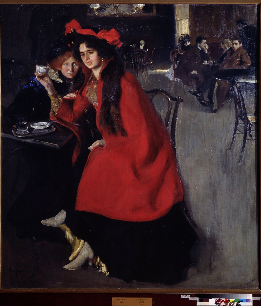 På en kafé (på en kafé). Scene på en kafé sannsynligvis i Paris. Maleri av Alexander Alexandrovich Murashko (Alexander Murashko) (1875-1919), olje på lerret av Oleksandr Murashko