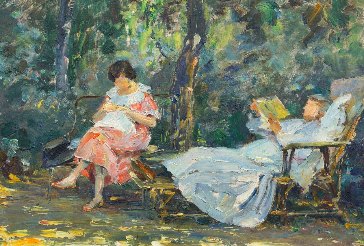 Lesing og strikking i hagen (olje på panel) av Olga (1881 1941) Slomszynska