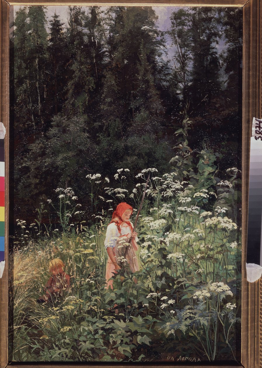Jente foran en gresstuv (Girl at a Tuft of Grass). Maleri av Olga Antonovna Lagoda Shishkina (1850-1881), olje på lerret av Olga Antonova Lagoda Shishkina
