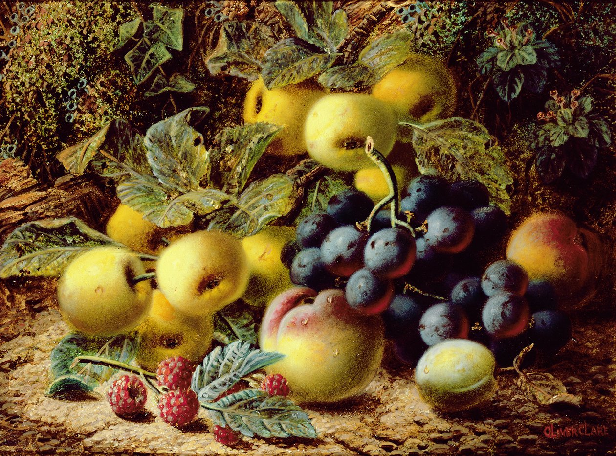 Stilleben med epler, plommer, druer og bringebær av Oliver Clare
