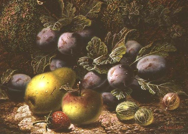 Stilleben med plommer, stikkelsbær, eple, pære og jordbær av Oliver Clare