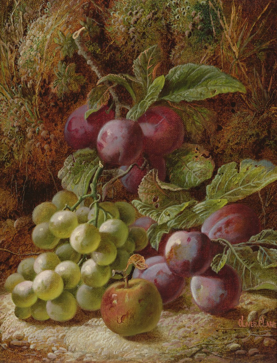 Stilleben med plommer og druer av Oliver Clare