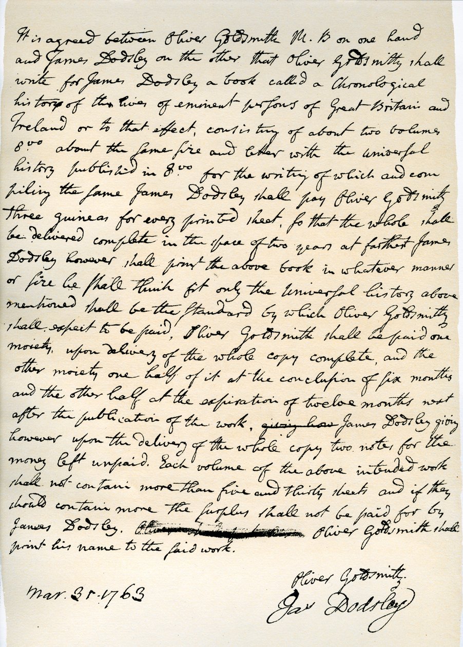 Avtale av Oliver Goldsmith om å skrive for James Dodsley, 31. mars 1763. av Oliver Goldsmith