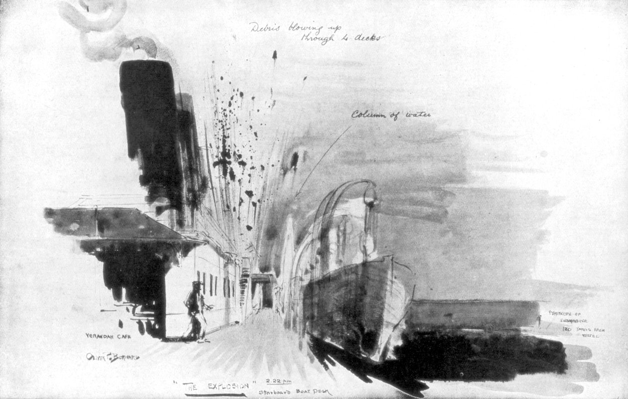 Øyeblikket en torpedo fra den tyske ubåten U-20 traff RMS Lusitania, 7. mai 1915, 1926 av Oliver Percy Bernard