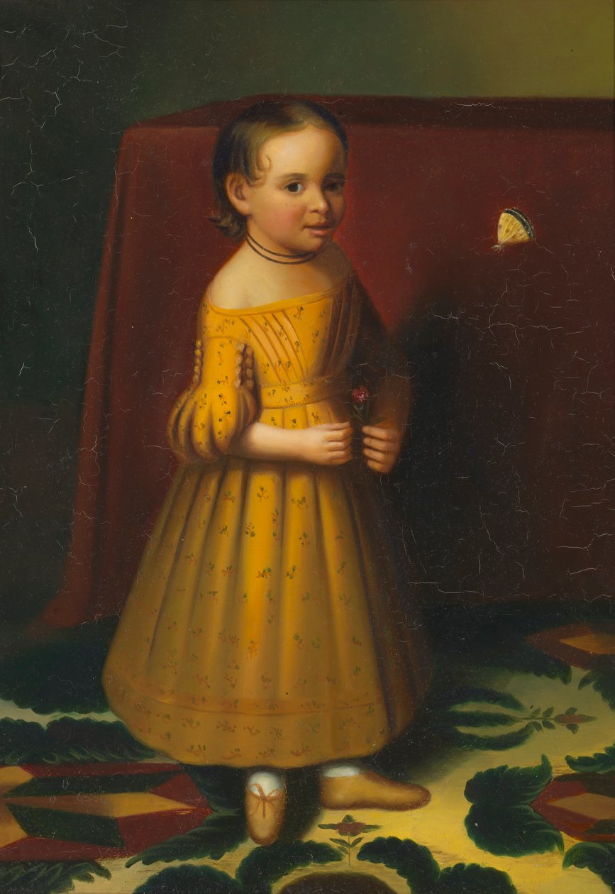 Portrett av en ung jente med rose og sommerfugl, ca. 1838. av Oliver Tarbell Eddy