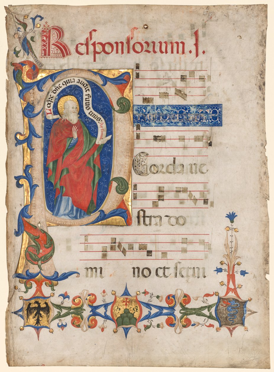 Leaf from an Antiphonary: Historiert innledende P med profeten Samuel; Våpen fra Visconti-familien og Olivetan-ordenen av Olivetan Master