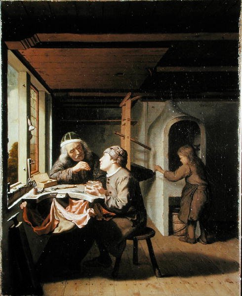 En urmaker og hans lærling (olje på lerret) av Olivier van Deuren