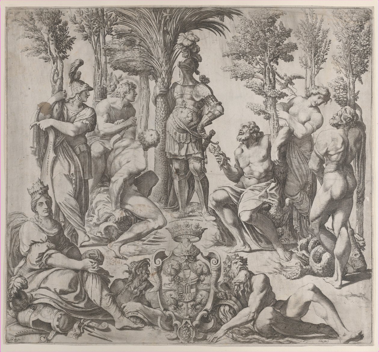 Allegorisk komposisjon med seks olympiske guder samlet rundt en skikkelse i rustning, 1615-35., 1615-35. av Oliviero Gatti