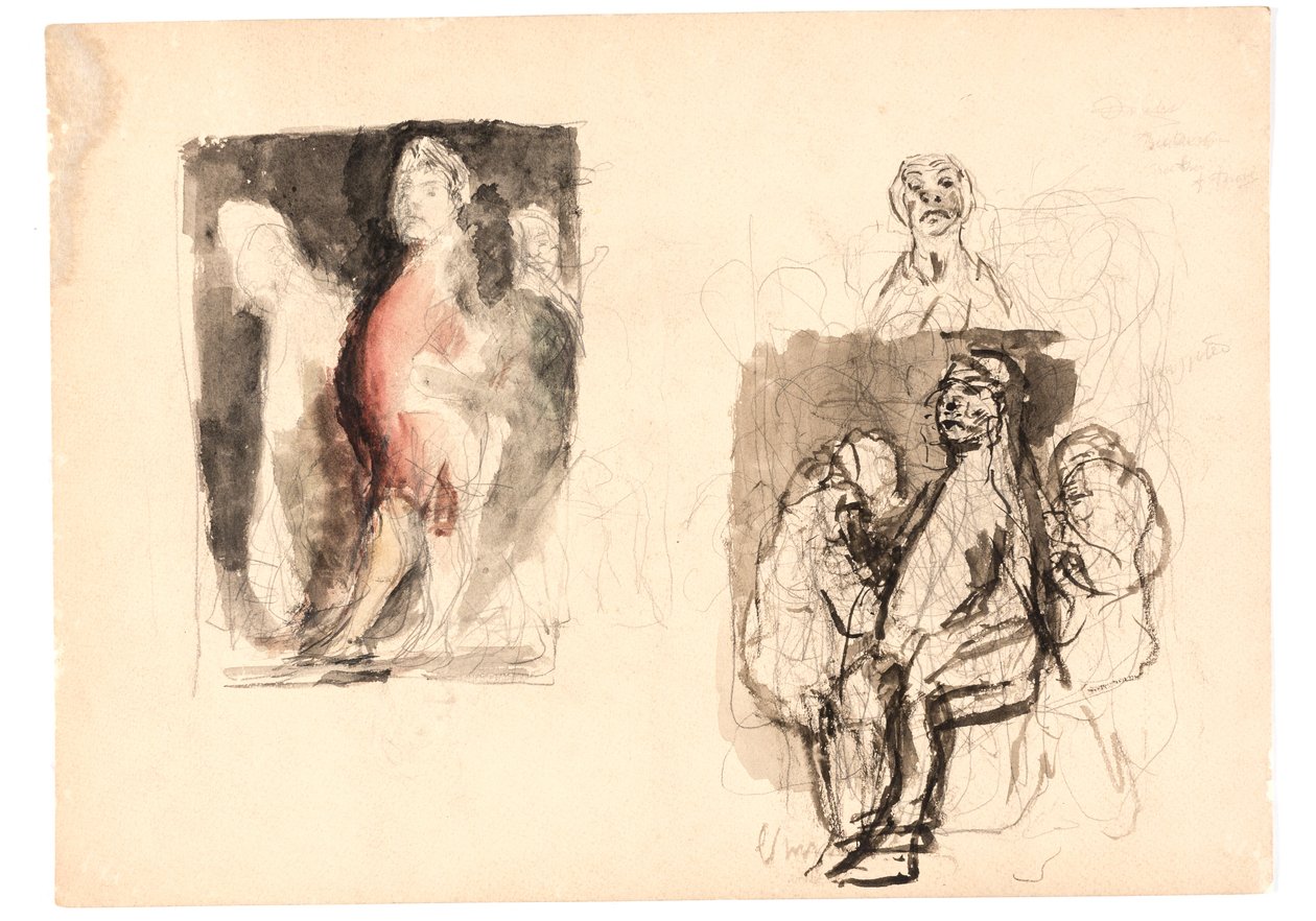 Ulike skisser, bl.a. farget skisse for "Diogenes" av Oluf Hartmann