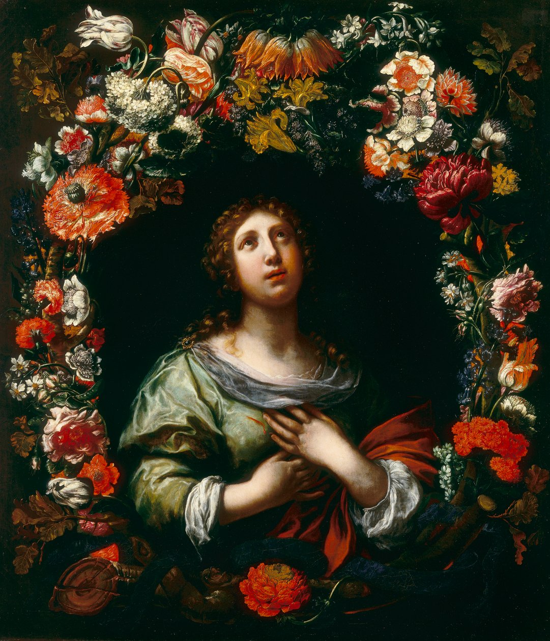 Saint Agatha dukker opp fra en blomsterkrans av Onorio and Scacciati Marinari