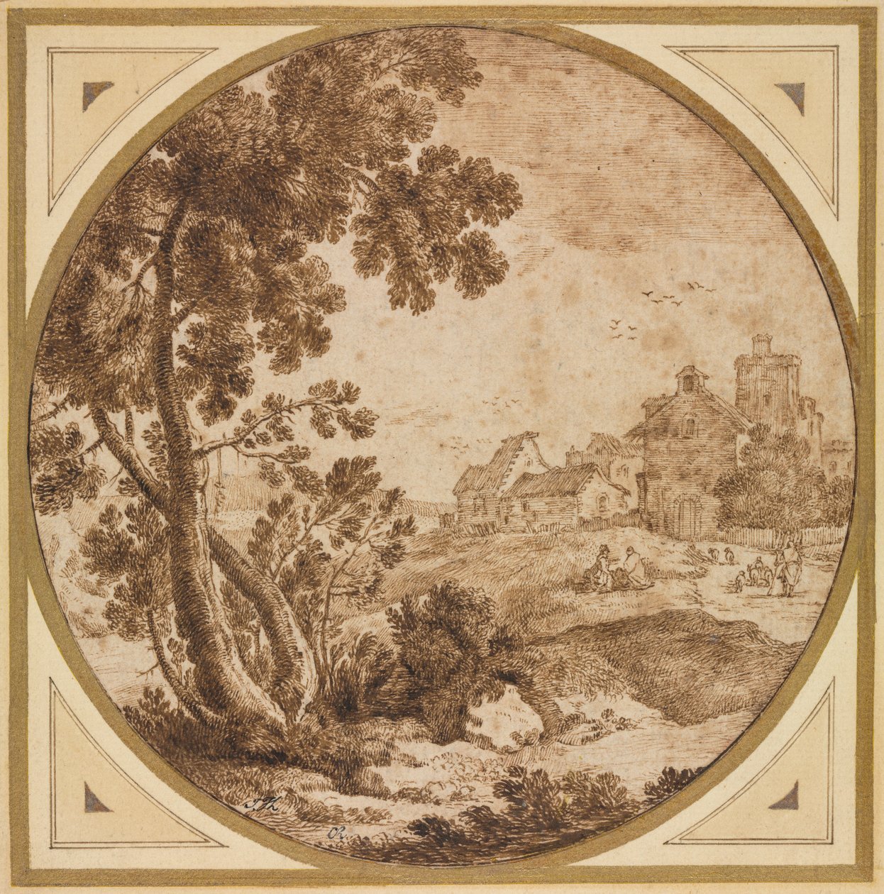 Landskap med bygninger og figurer, andre halvdel 1600-tallet. av Onorio Marinari