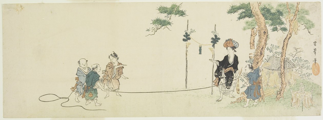 Barn som leker med en kvinne, tidlig på 1800-tallet (farget treblokktrykk) av Ooka Unpo Ooka Unpo