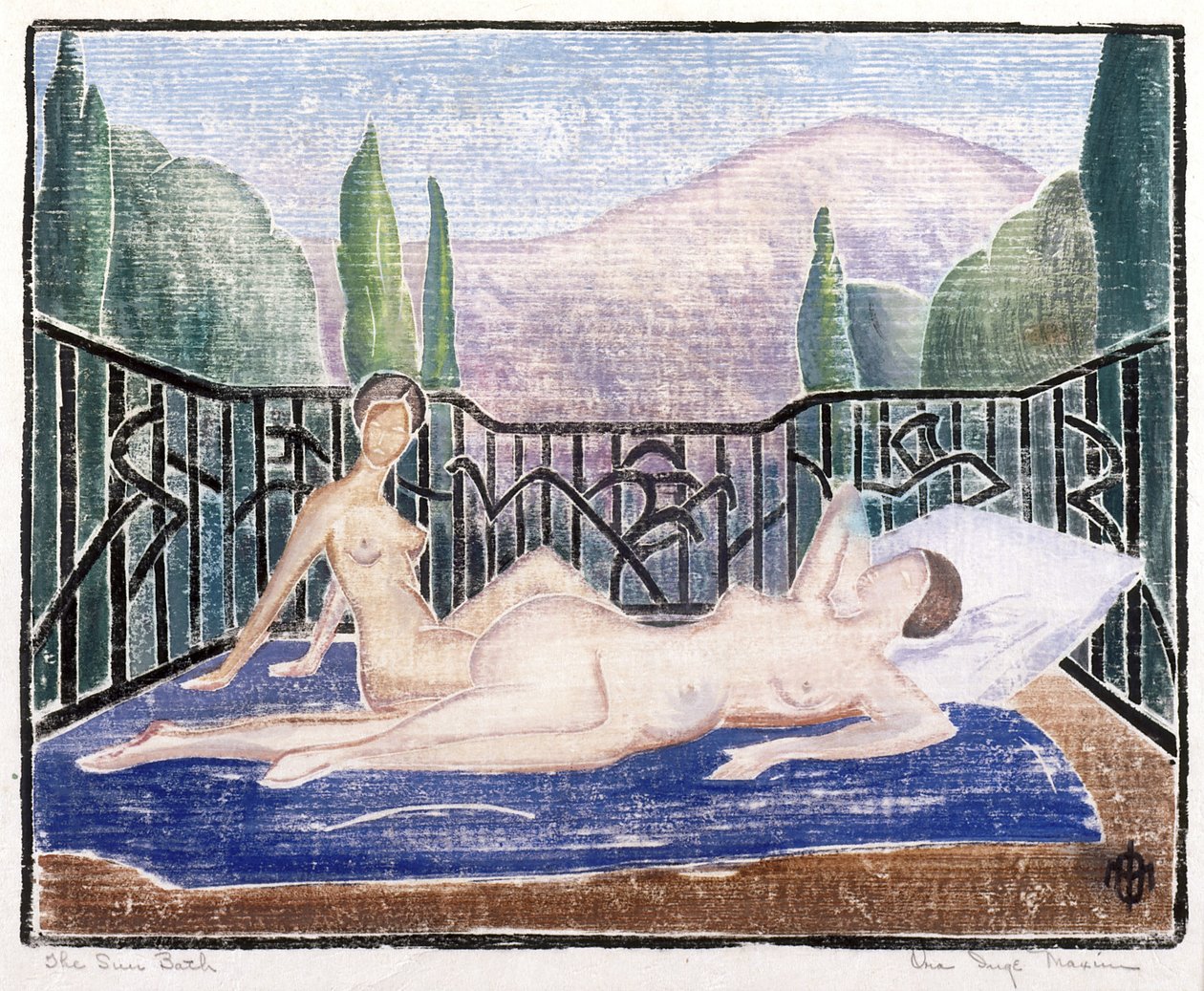 The Sun Bath (farget treblokktrykk) av Ora Inge Maxim