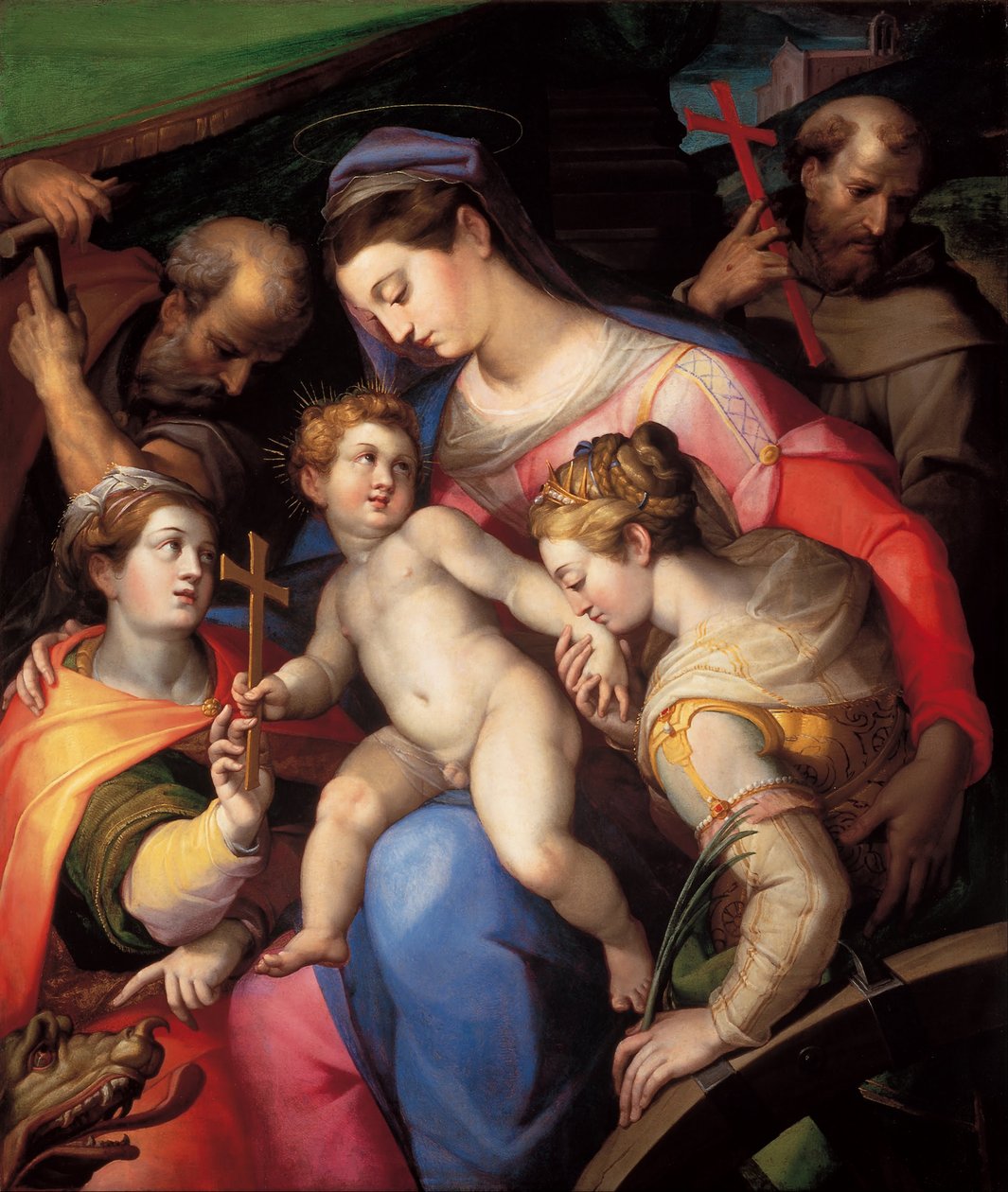 Den hellige familie, med St. Catherine av Alexandria, St. Margaret av Antiokia og St. Francis av Assisi av Orazio Samacchini