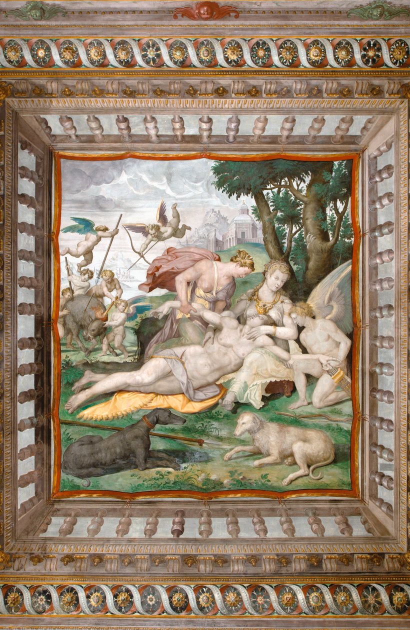 Adonis død fra taket på Room of Adonis, Rocca dei Rossi, San Secondo, Parma, Italia, detalj av 2384731 av Orazio (attr.to) Samacchini