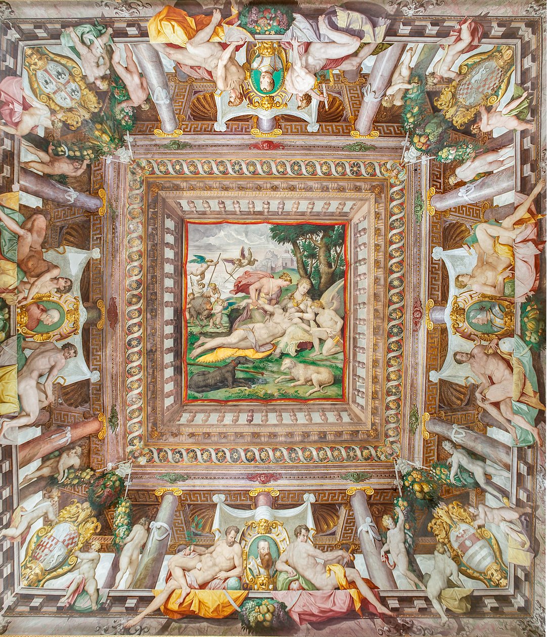 Utsikt over taket i Adonis-rommet og minnesteinene til familiemedlemmene Rossi, Gonzaga, Riario og Medici, Rocca dei Rossi, San Secondo, Parma, Italia av Orazio (attr.to) Samacchini