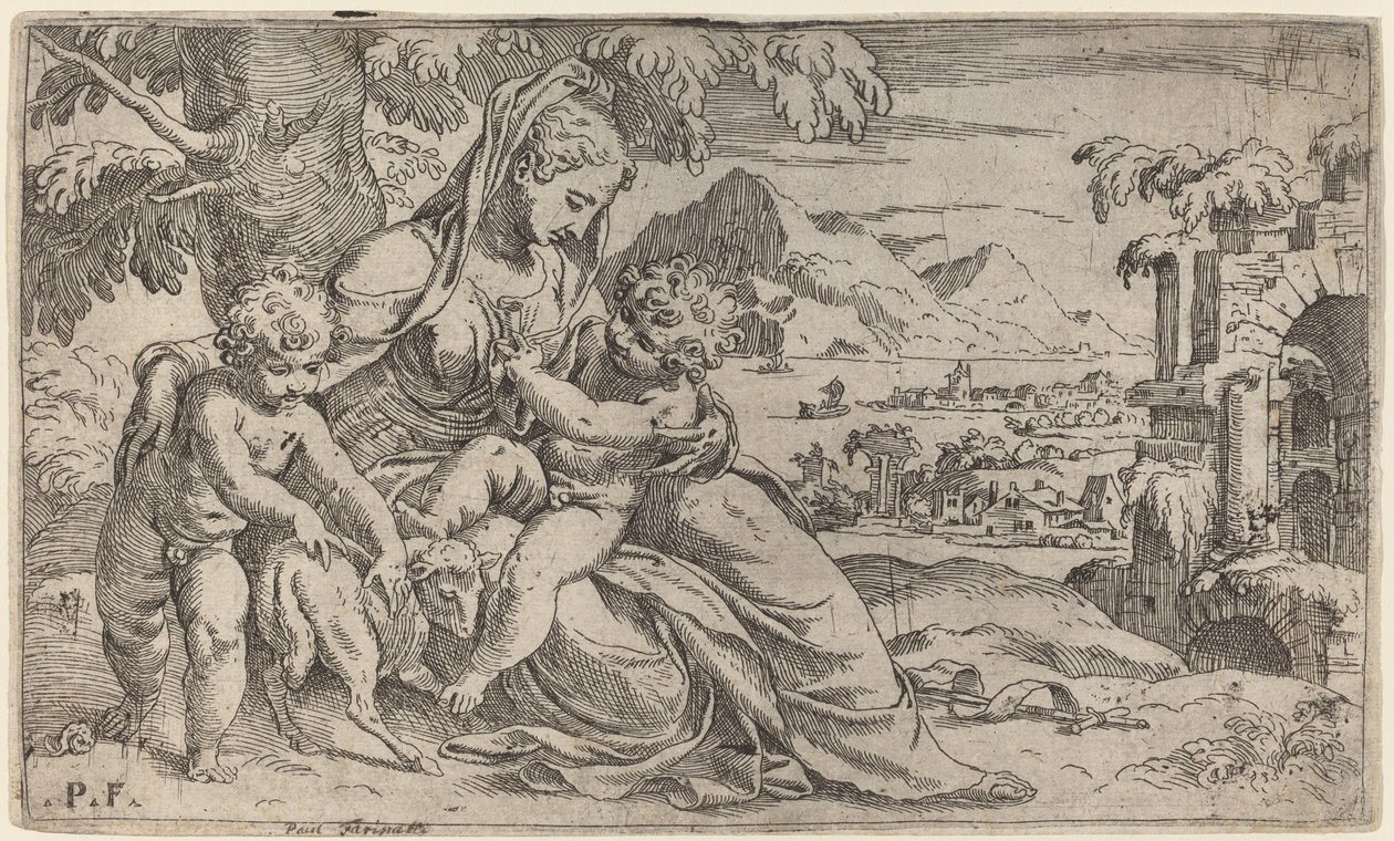 Madonna og barn med døperen Johannes av Orazio Farinati after Paolo Farinati