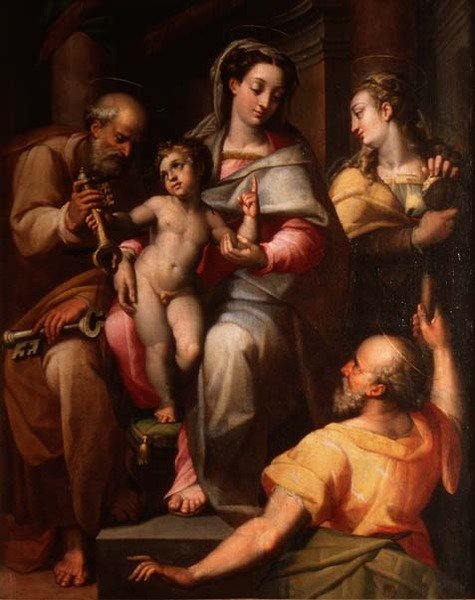 Hellig familie med St. Peter og St. Maria Magdalena av Orazio Samacchini