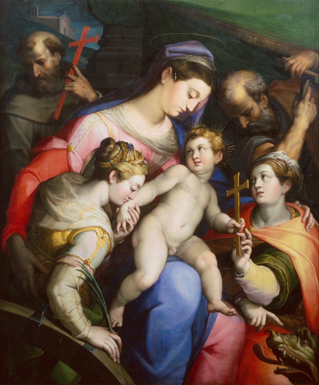Den hellige familie med de hellige Margaret, Catherine og Francis (olje) av Orazio Samacchini