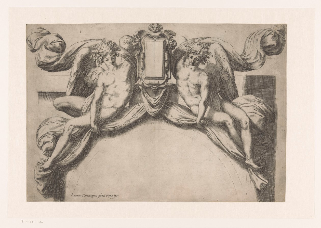 Design for en dørkarm med to genii som holder opp cartouche av Orazio de Santis (attributed to)