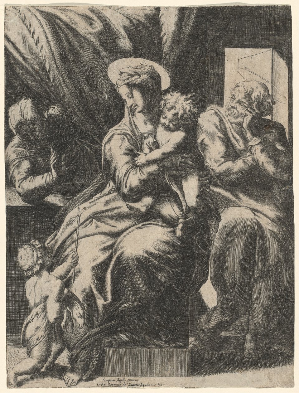 Hellig familie med Saint Elizabeth og den unge døperen Johannes av Orazio de Santis, after Pompeo Cesura
