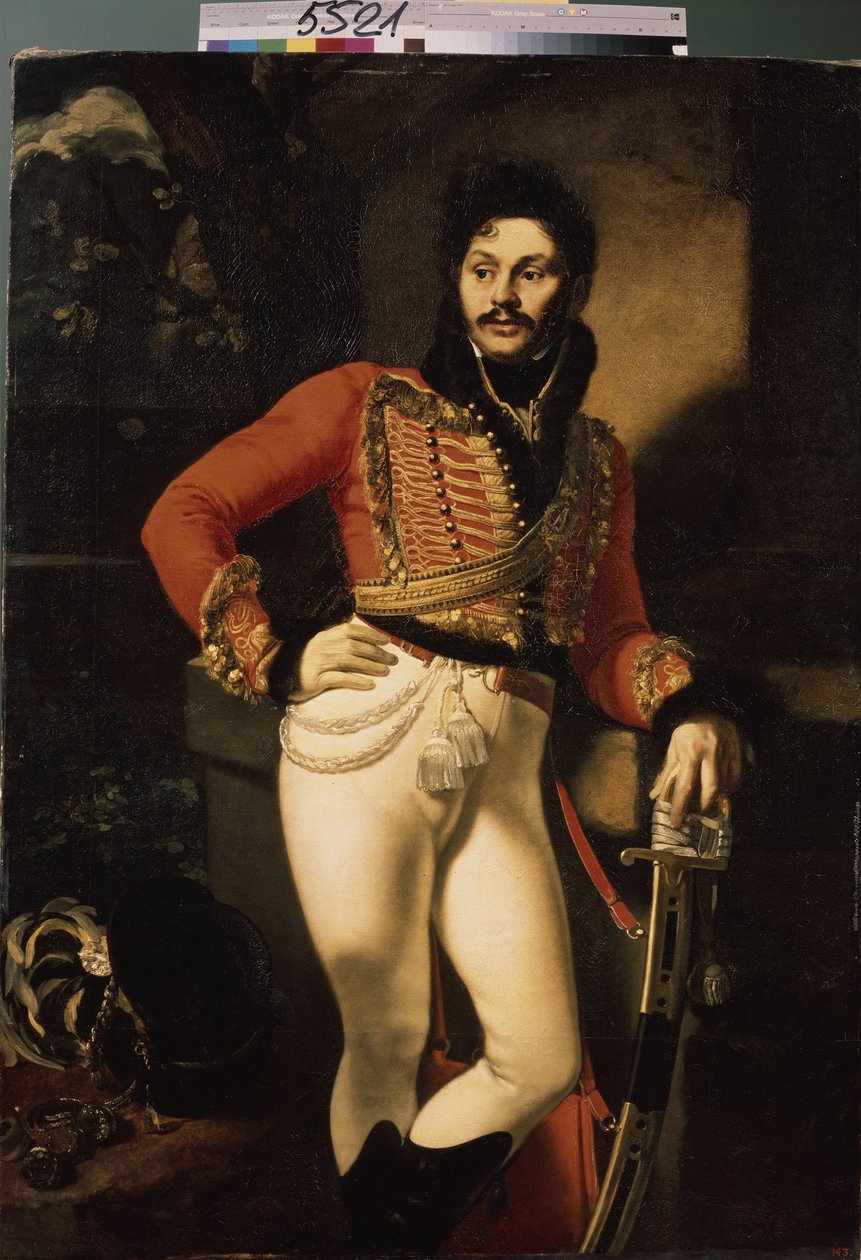 Portrett av husar-oberst Eugraph Davydov (1775-1823). (Portrett av husar-obersten E. Davydov). Maleri av Oreste Adamovich Kiprensky (Kiprenski) (1782-1836), olje på lerret av Orest Adamovich Kiprensky