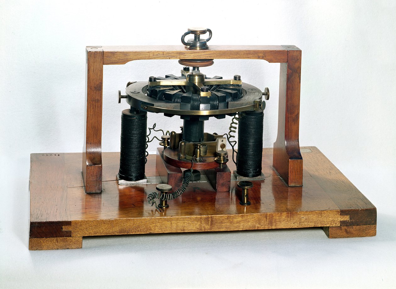 Kopi av den elektromagnetiske macchinettaen oppfunnet av Antonio Pacinotti (1841-1912) i 1860, 1888 (blandet media) av Oreste Cini
