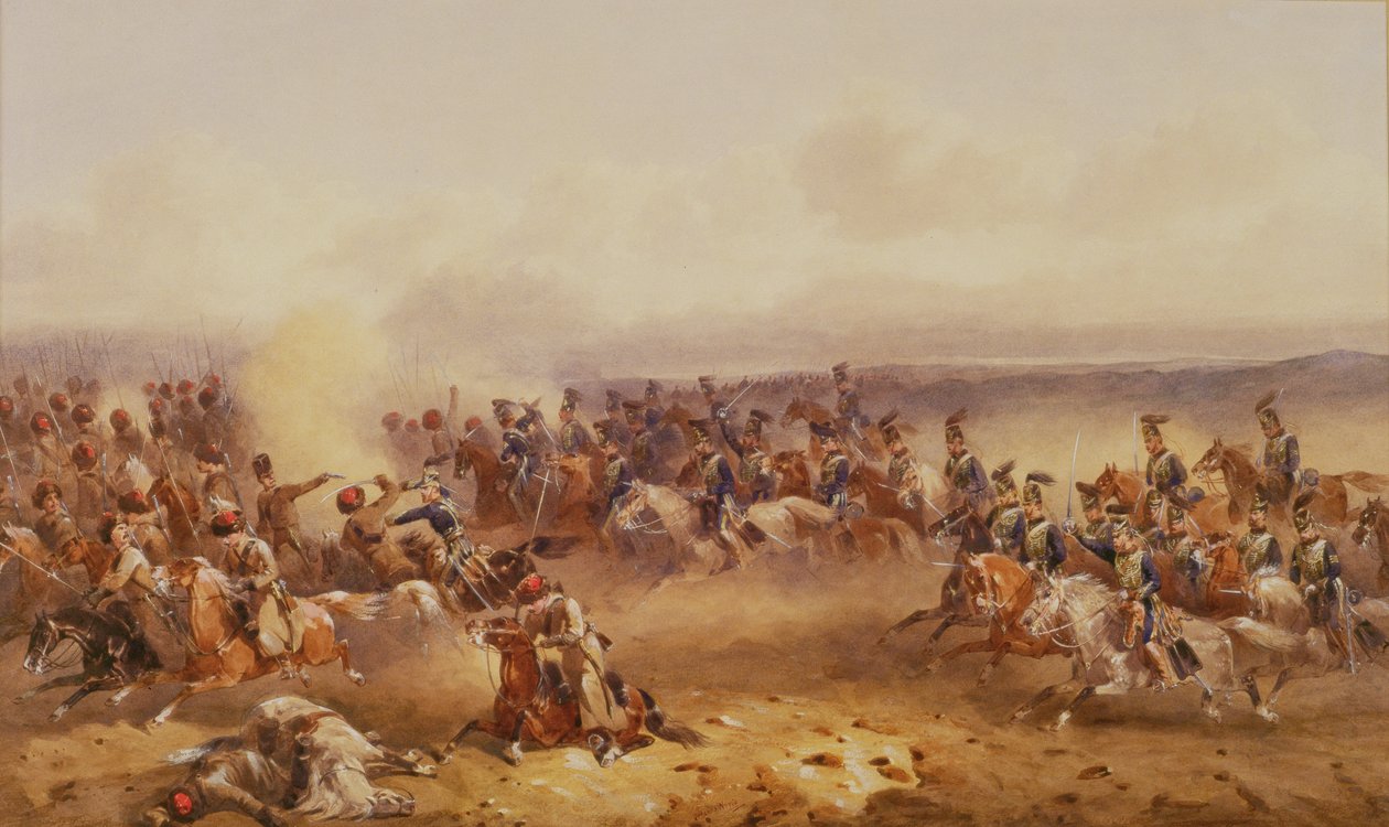En skvadron av 10. husarer beseirer russerne ved Tsjernaya, 16. august 1855, ca. 1890 av Orlando Norie